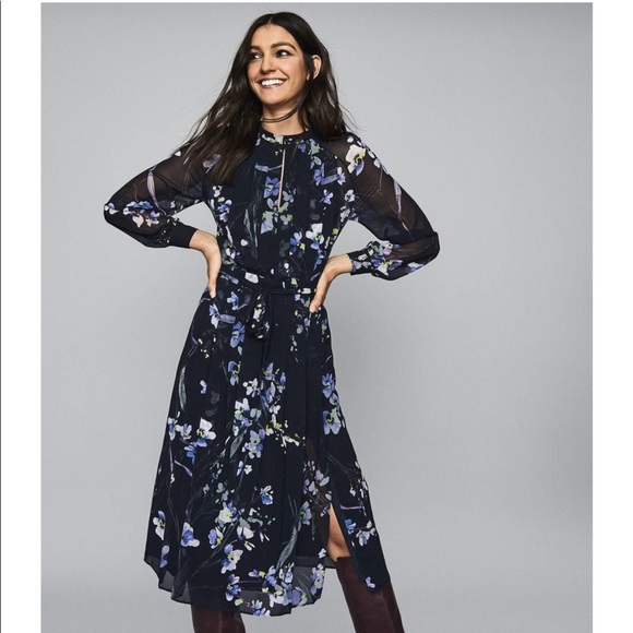 Reiss Dresses & Skirts - Reiss Navy Floral Midi Dress with Lavender and Green Accents